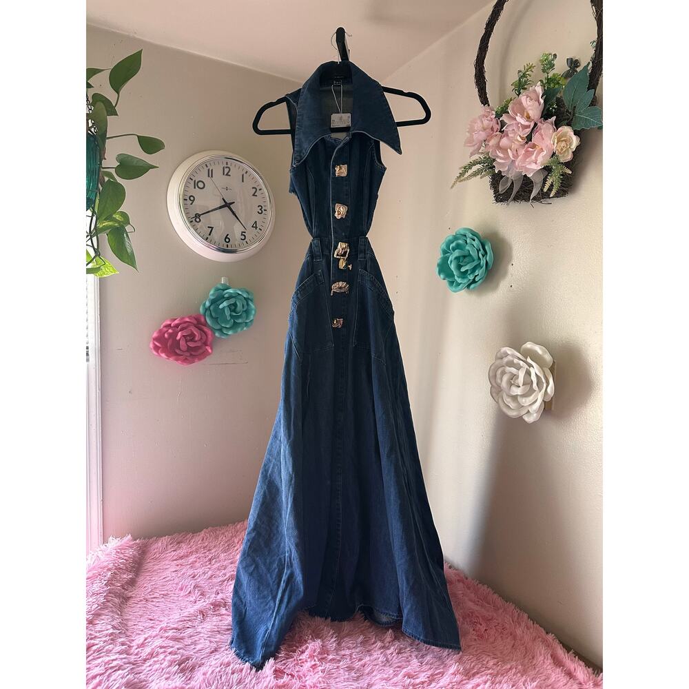 Dark Blue Denim Midi Dress with Statement Collar - Picture 3 of 5